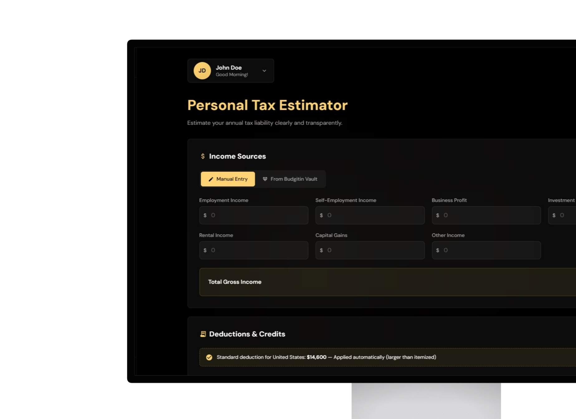 Tax calculator with deduction tracking and multi-bracket support